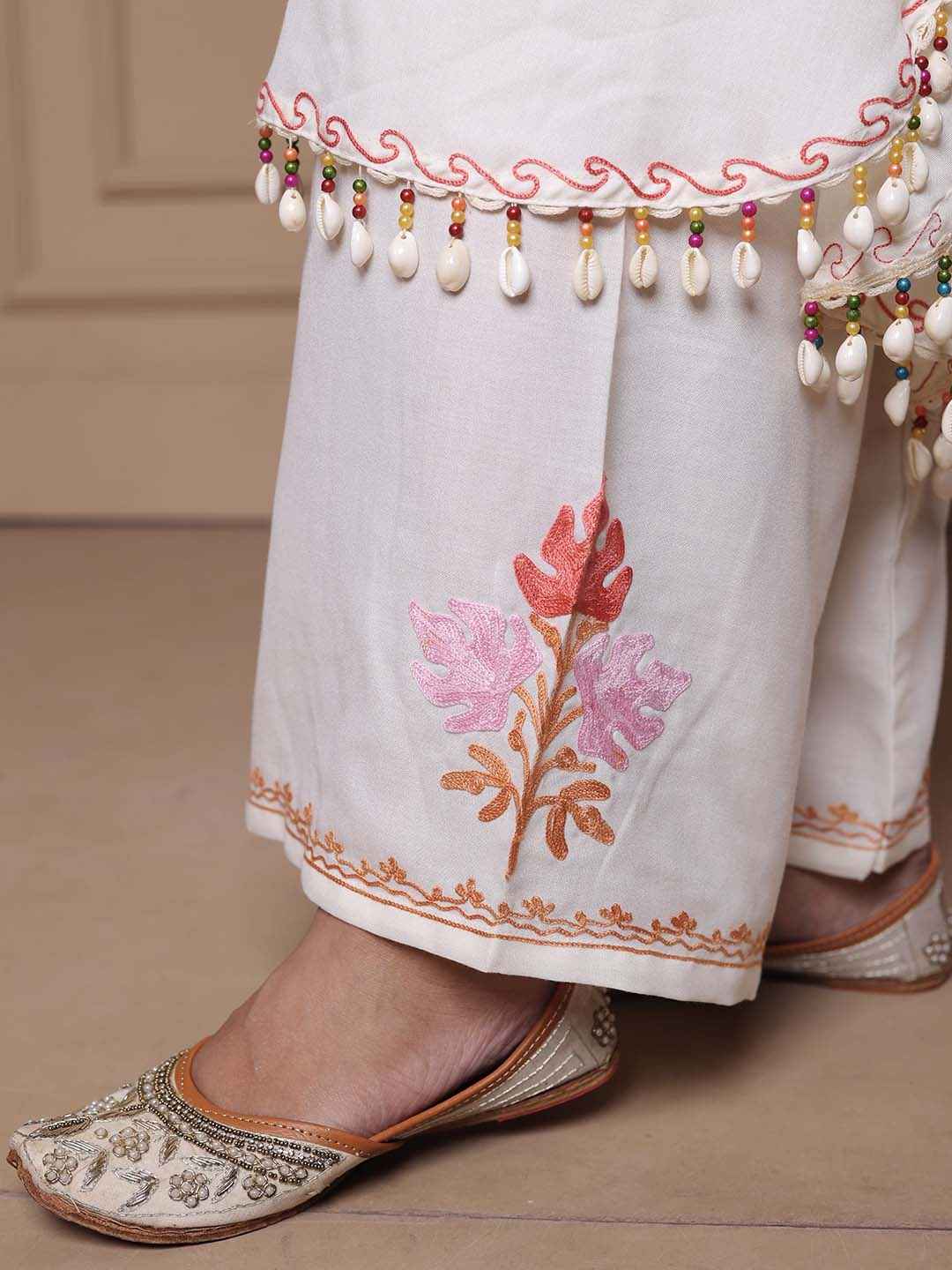 Kashmiri Chinar Kaftan Set - White